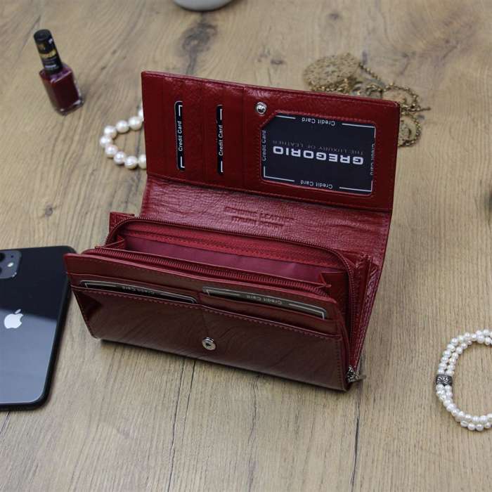 Dámska peňaženka Gregorio PT-106 z prírodnej kože červená veľká s orientáciou na šírku a ochranou RFID 